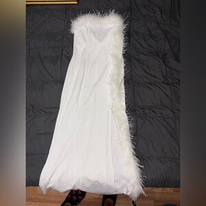 White bridal fur-trimmed maxi dress